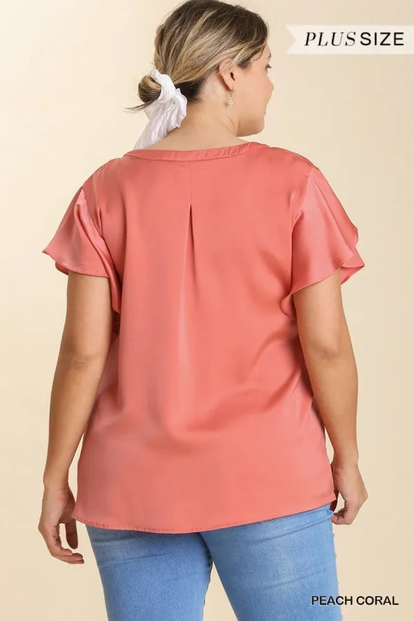 Umgee Satin V-Neck Short Ruffle Sleeve Top