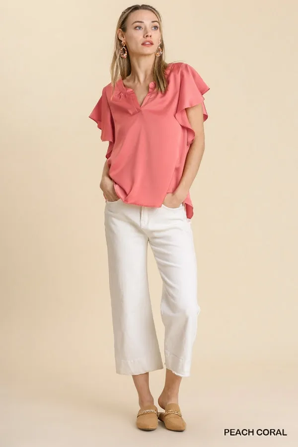 Umgee Satin V-Neck Short Ruffle Sleeve Top