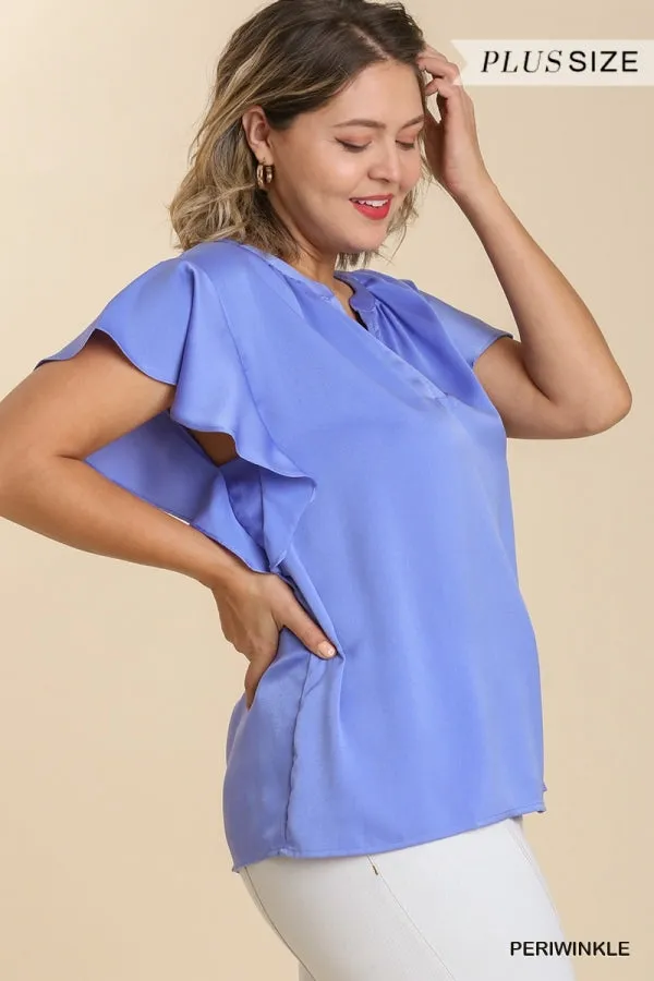 Umgee Satin V-Neck Short Ruffle Sleeve Top