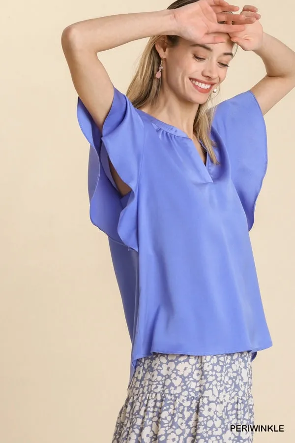 Umgee Satin V-Neck Short Ruffle Sleeve Top