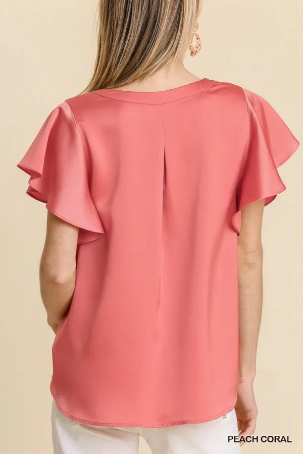 Umgee Satin V-Neck Short Ruffle Sleeve Top