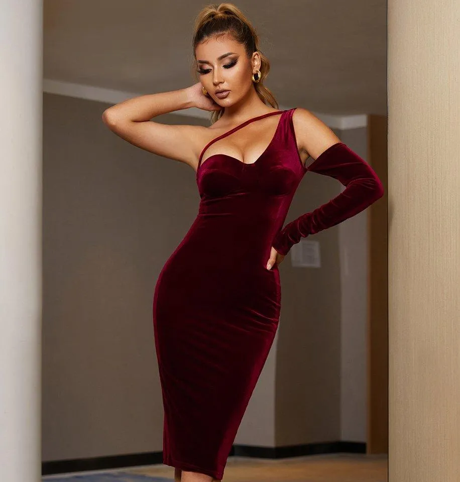 Velvet One Shoulder Long Sleeve Evening Midi Dress