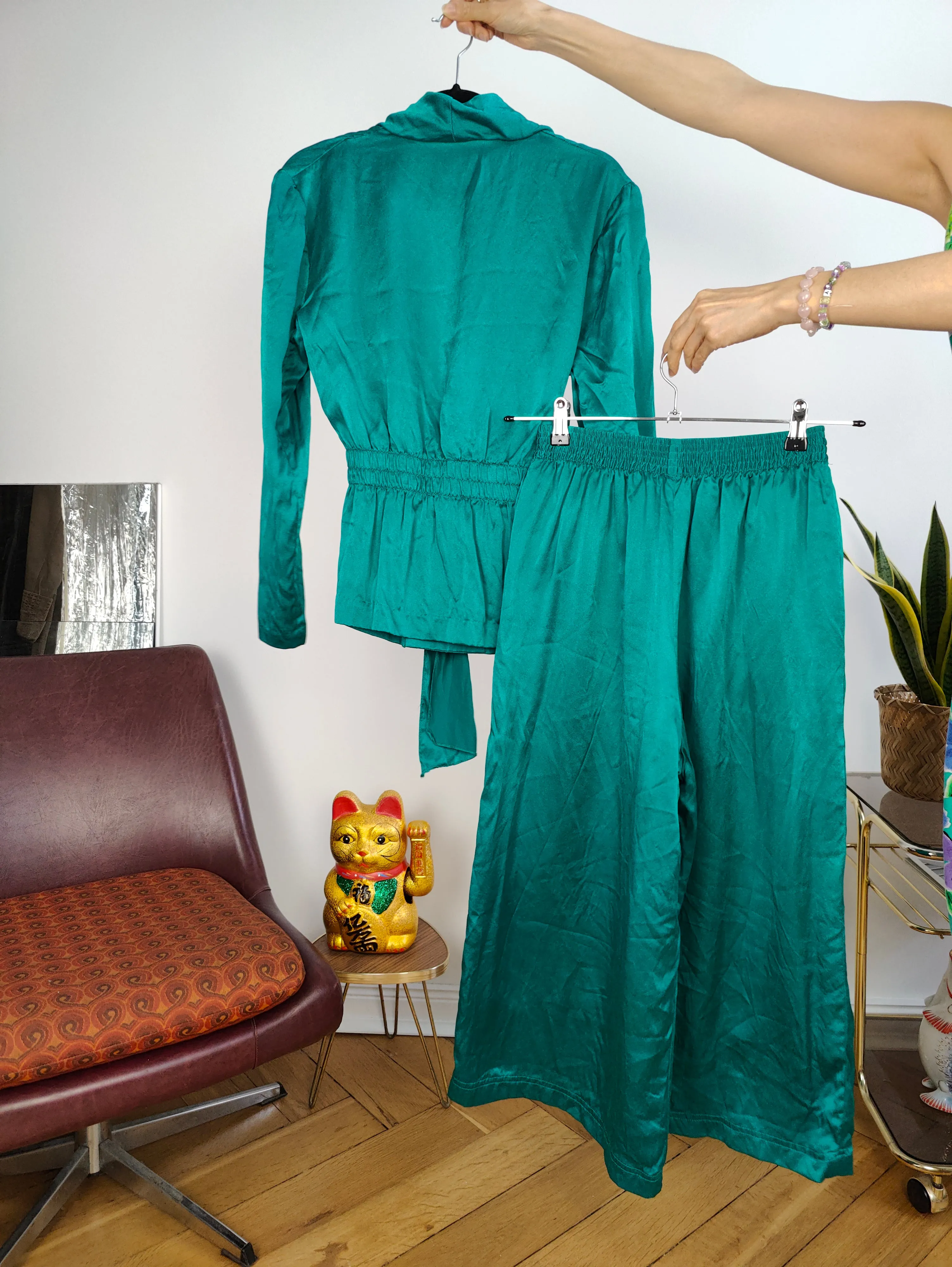 Vintage 100% silk set blouse jacket pants culottes turquoise green S-M