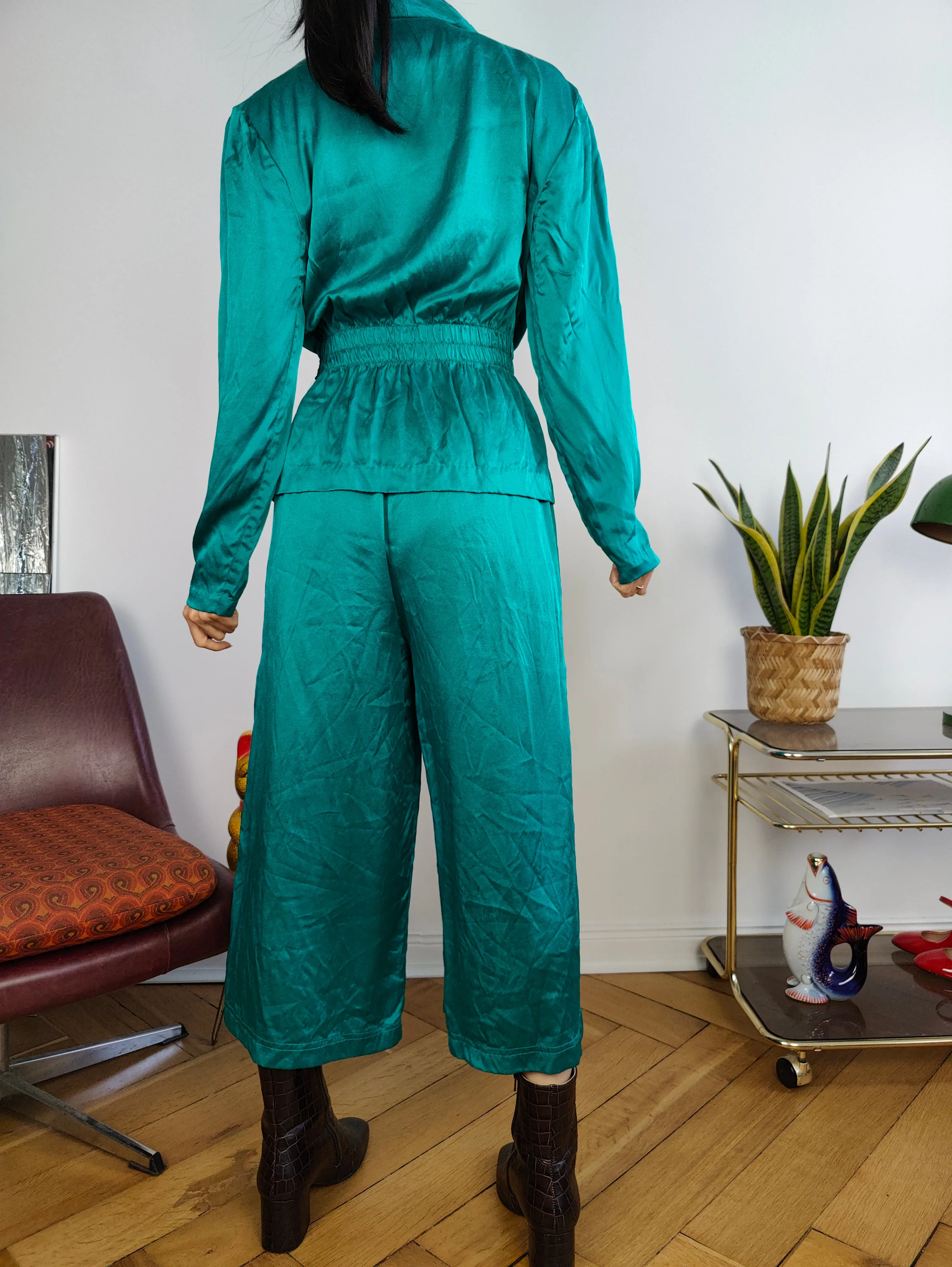 Vintage 100% silk set blouse jacket pants culottes turquoise green S-M