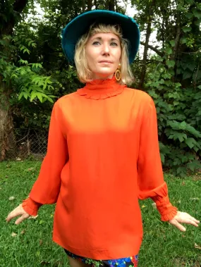 Vintage 60s 70s | Groovy Hippie Boho Mod Retro Orange Edwardian Blouse Top | XL