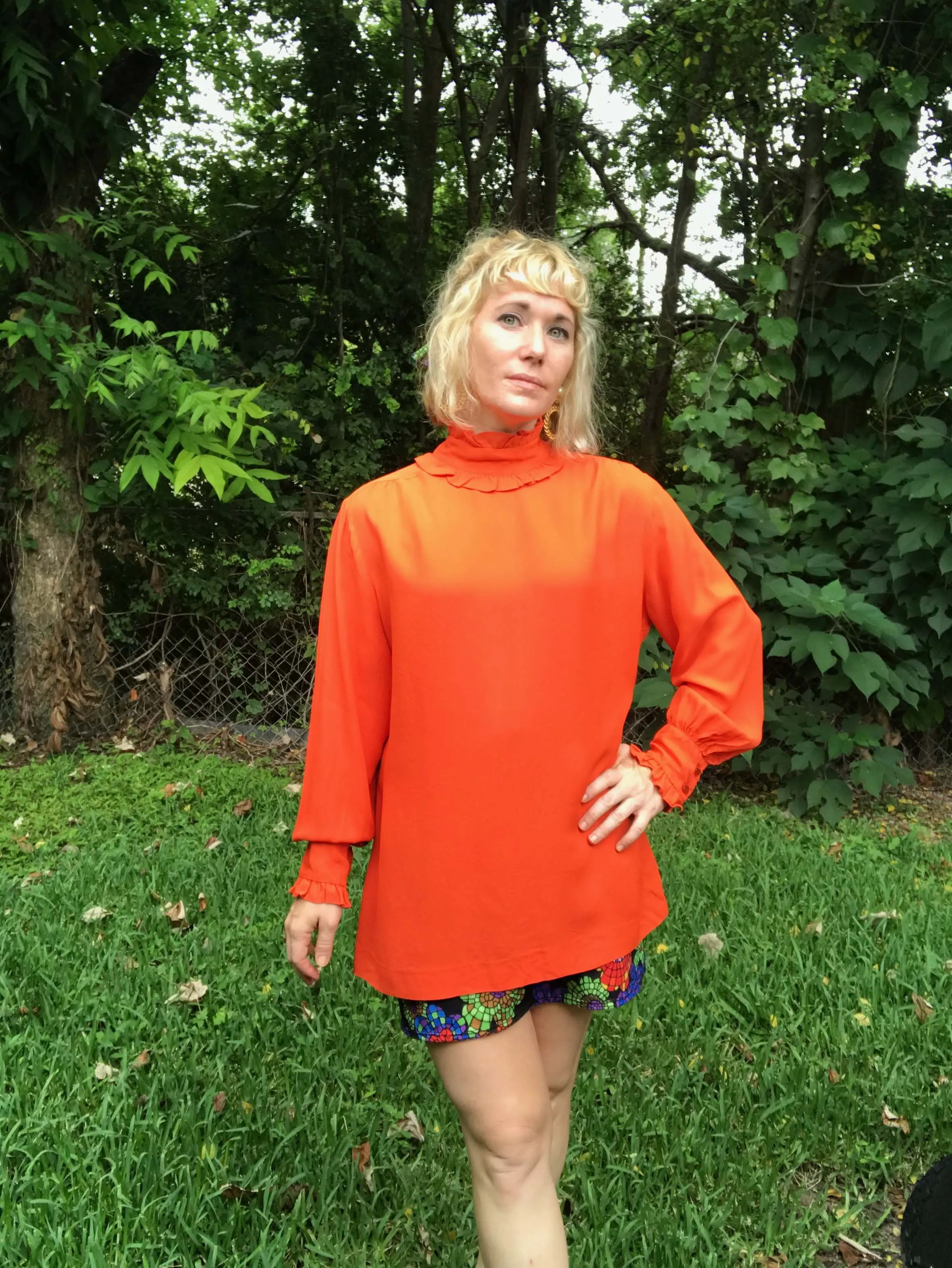 Vintage 60s 70s | Groovy Hippie Boho Mod Retro Orange Edwardian Blouse Top | XL