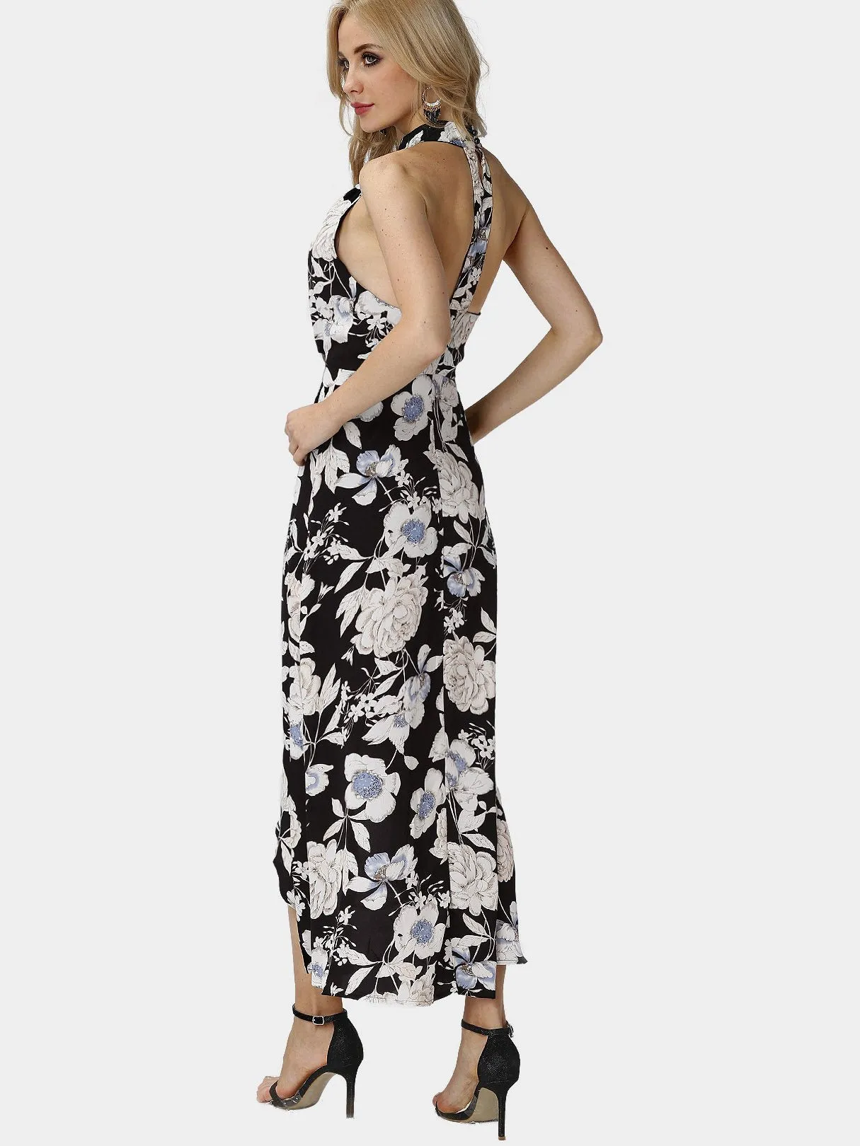 Wholesale Halter Floral Print Slit Hem Maxi Dress