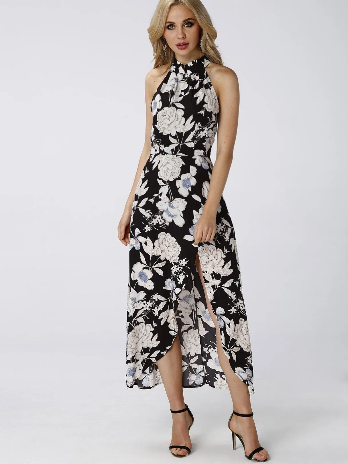 Wholesale Halter Floral Print Slit Hem Maxi Dress