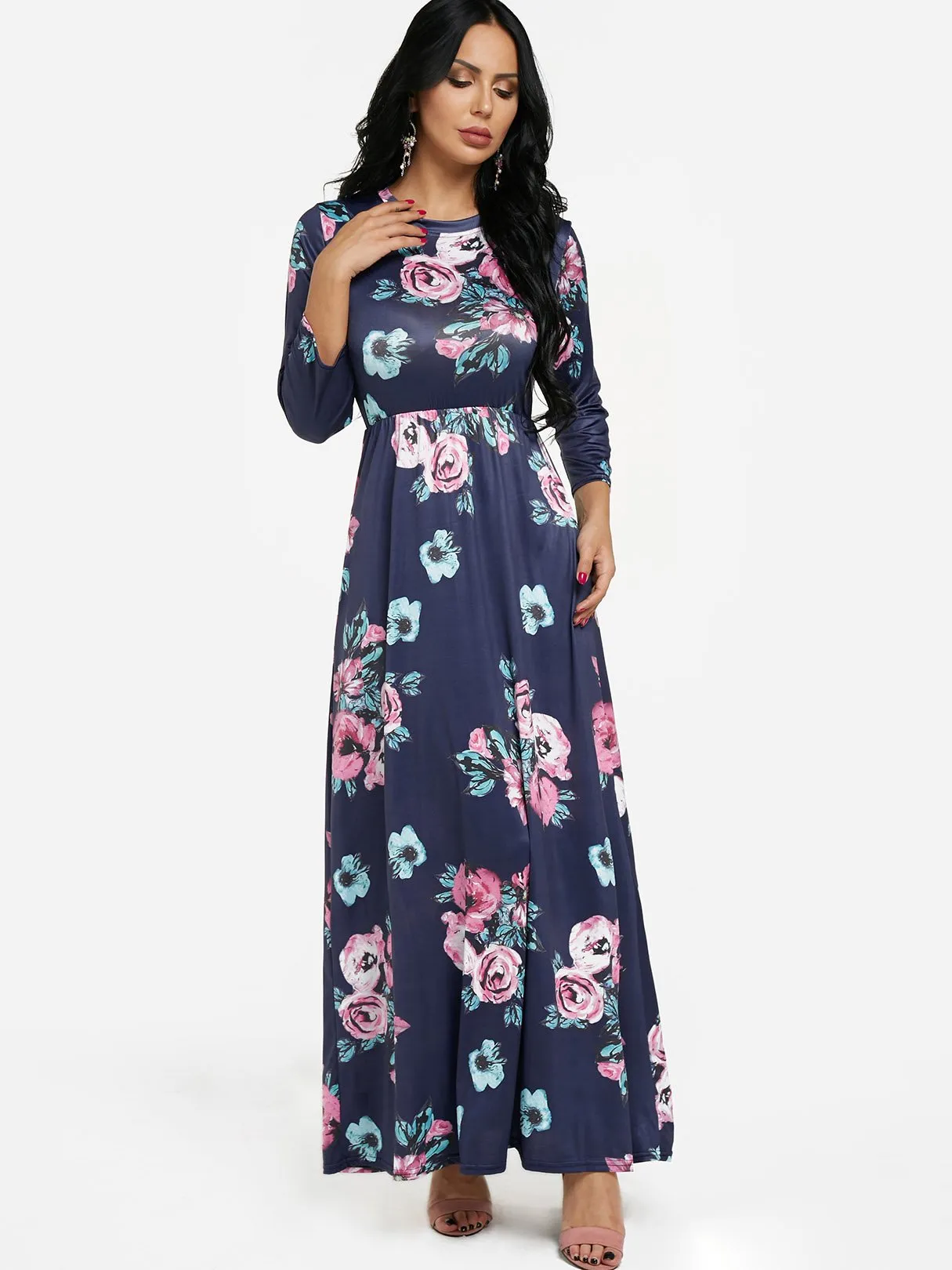 Wholesale Navy Round Neck 3/4 Length Sleeve Floral Print Maxi Dress