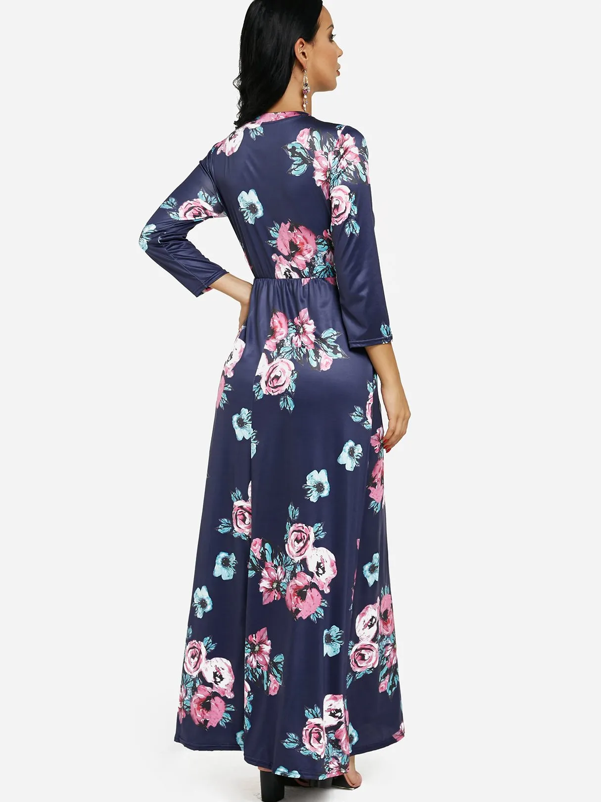 Wholesale Navy Round Neck 3/4 Length Sleeve Floral Print Maxi Dress