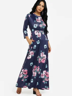 Wholesale Navy Round Neck 3/4 Length Sleeve Floral Print Maxi Dress