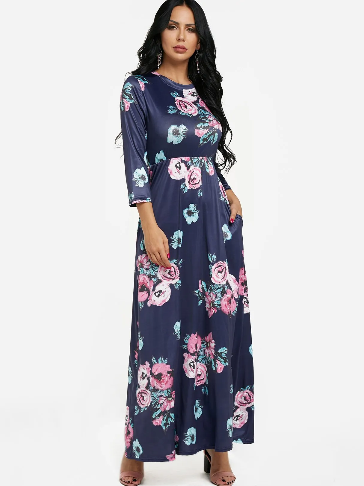 Wholesale Navy Round Neck 3/4 Length Sleeve Floral Print Maxi Dress