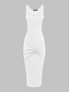 Wholesale Round Neck Plain Backless Sleeveless White Midi Dress