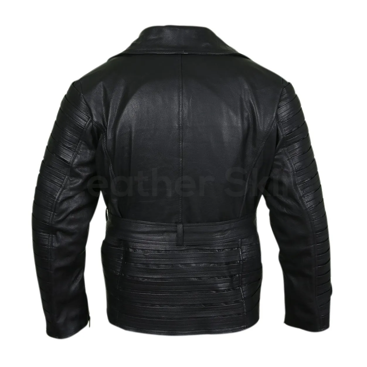 Women Black Belted Leather Jacket with stripes on top