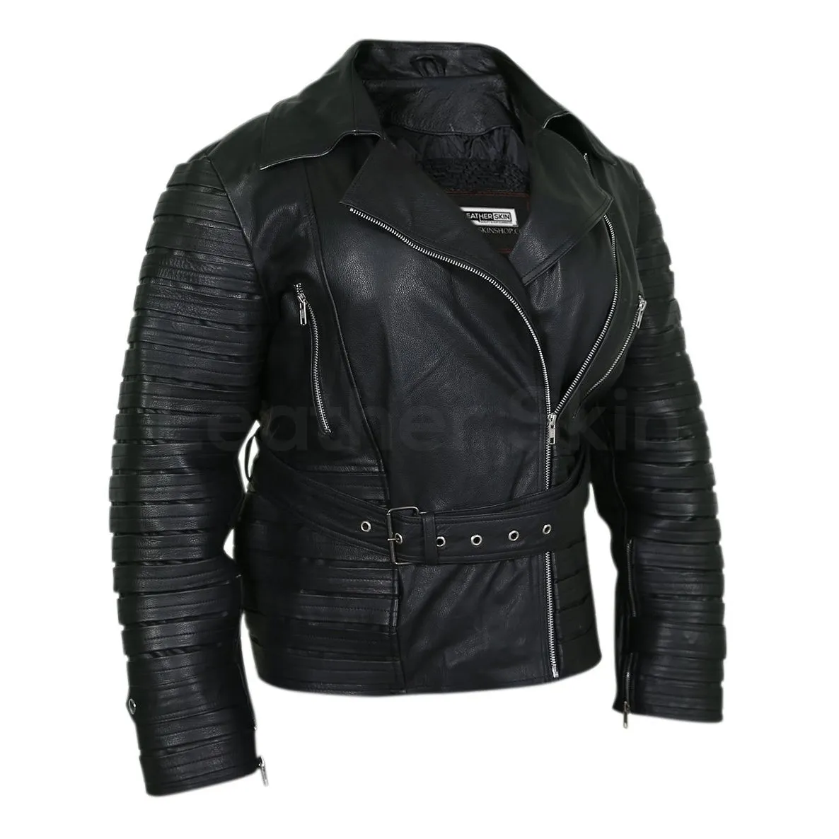 Women Black Belted Leather Jacket with stripes on top