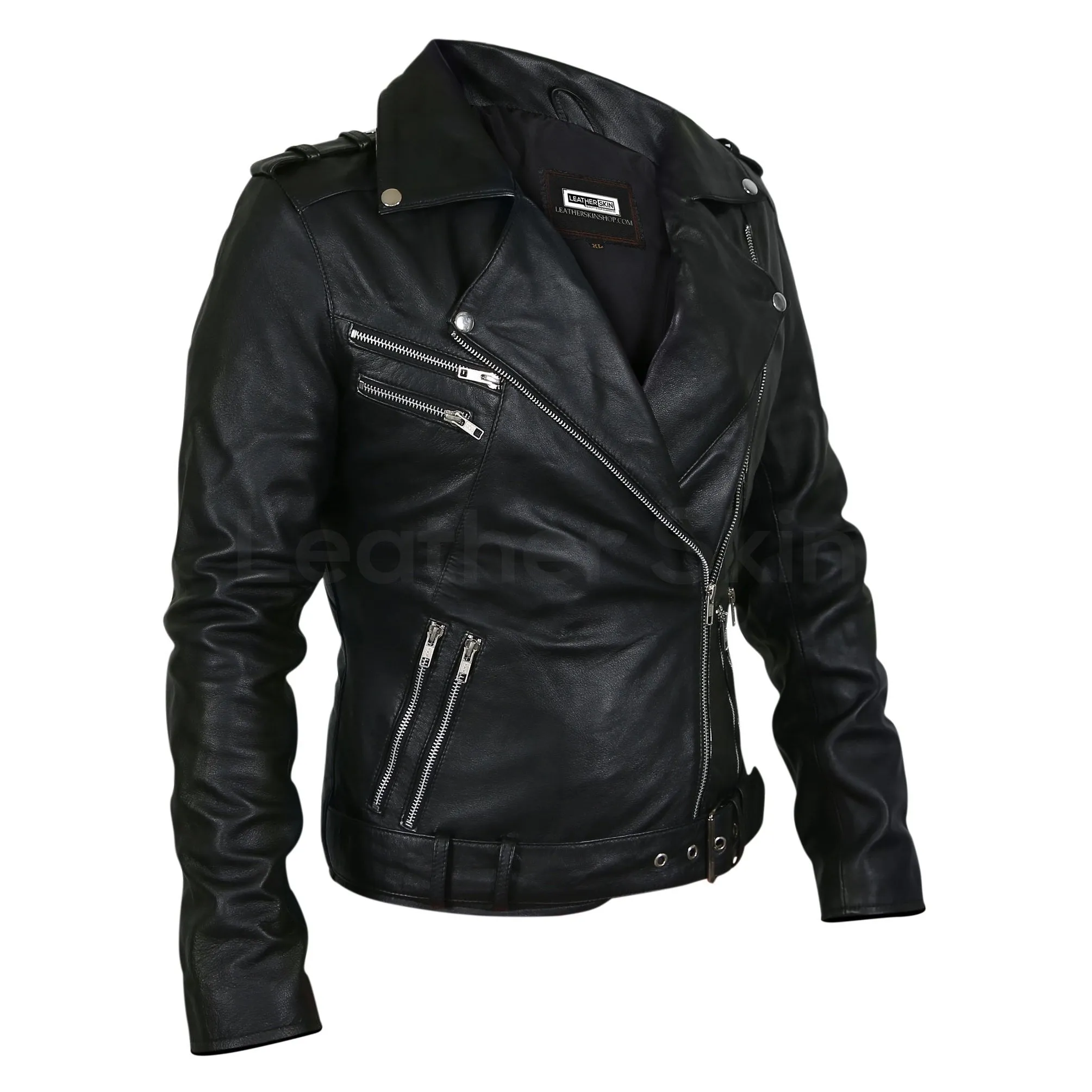 Women Black Belted Motorcycle Leather Jacket with Extra Silver Zippers