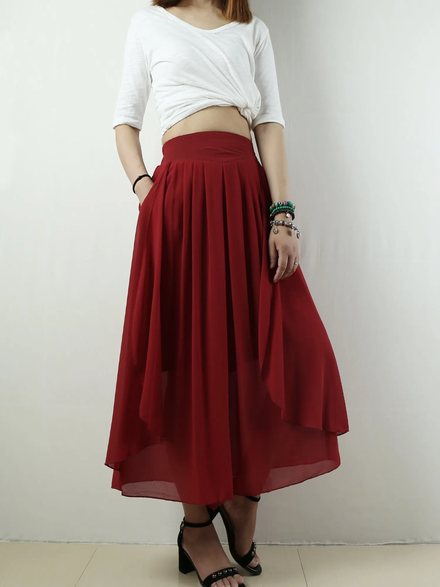 Women's wide leg trousers/chiffon yoga skirt pants/oversized pants/elastic waist pants(K1710)