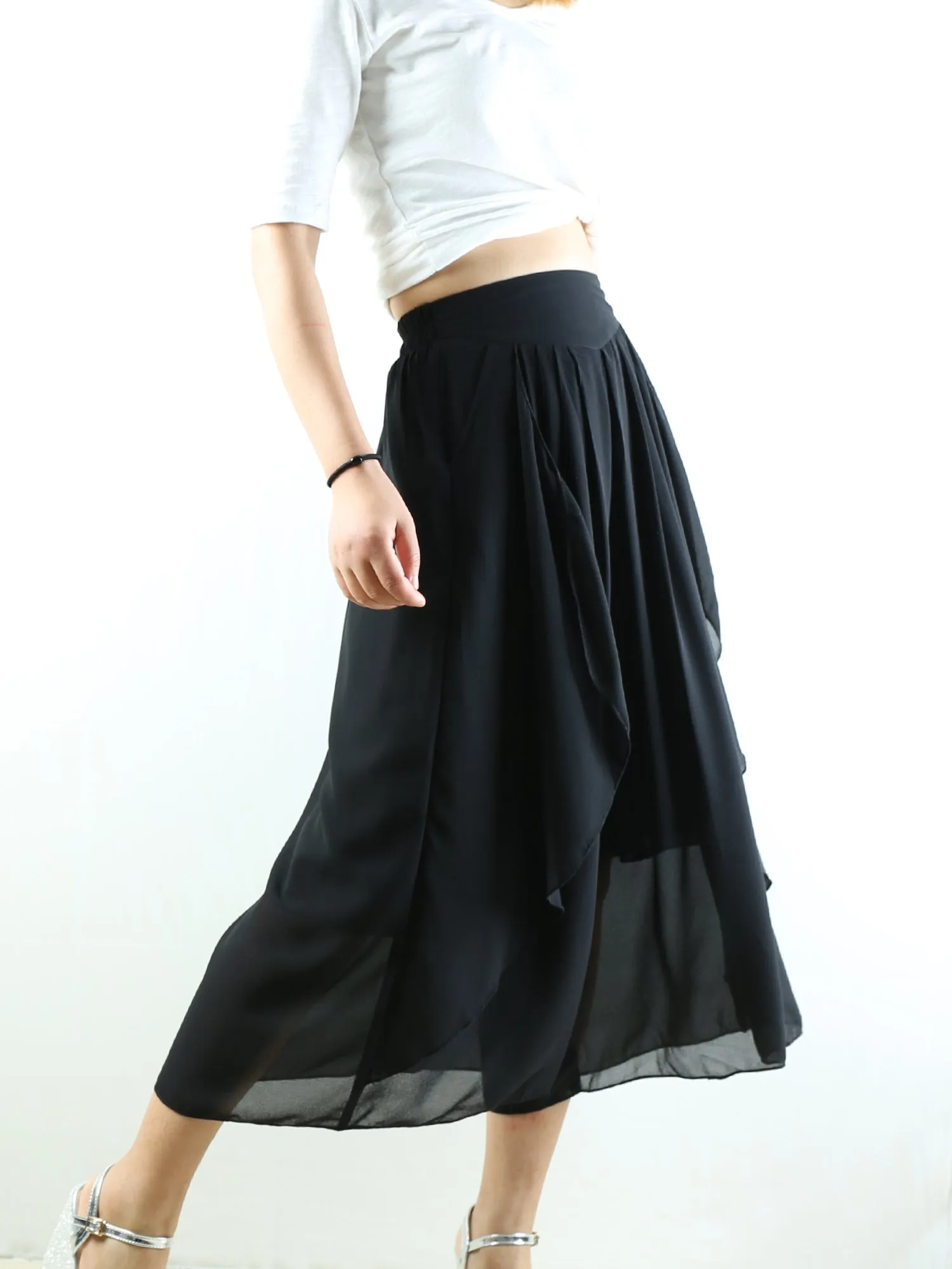 Women's wide leg trousers/chiffon yoga skirt pants/oversized pants/elastic waist pants(K1710)